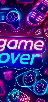 Neon themed wallpaper with gaming icons and 'game over' text.