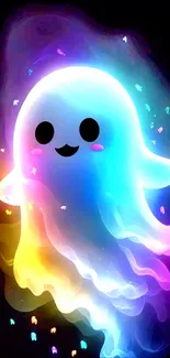 A cute, colorful neon ghost with vibrant, glowing colors on a black background.