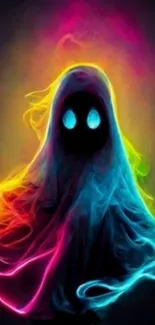 A neon ghost with vibrant blue, pink, and yellow hues on a dark background.