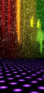 Colorful neon glitter wallpaper with vibrant lights and purple floor.