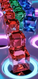 Colorful neon glow cubes on a vibrant abstract background.