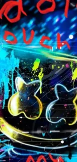 Neon graffiti art wallpaper with colorful smiling face design.