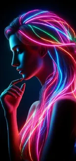 Neon silhouette of a woman with colorful, glowing hair.