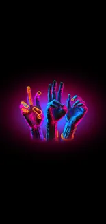 Vibrant neon hands on black background, colorful mobile wallpaper.