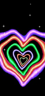 Colorful neon heart design on black background.