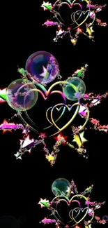 Colorful neon hearts on black phone wallpaper.