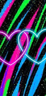 Vibrant neon hearts on a black background.