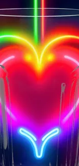 Colorful neon heart with glowing lights on a mobile wallpaper.