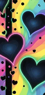 Colorful neon hearts on rainbow background mobile wallpaper.