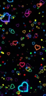 Colorful neon hearts against a black background create a lively, romantic wallpaper.