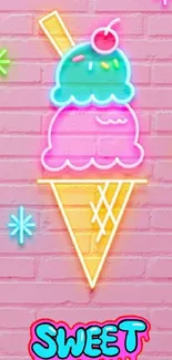 Colorful neon ice cream on pink brick wall.