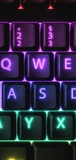 Vibrant neon keyboard with glowing multicolored keys.