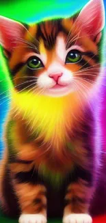 Vibrant neon kitten in multicolored light.