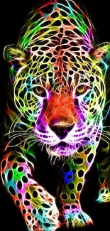 Vibrant neon leopard on a black background digital art wallpaper.