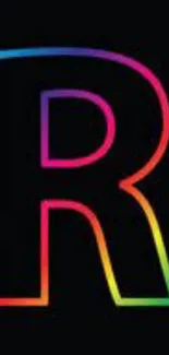 Neon letter R with colorful gradient on black background.