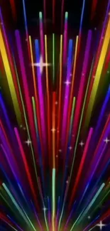 Colorful neon light beams against dark background.