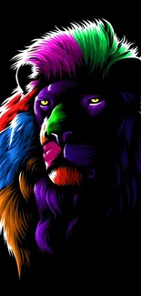 Colorful neon lion illustration on black background.