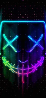 Colorful neon mask with vibrant hues on a dark background.