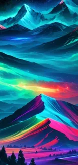 Vibrant neon mountains with colorful hues.