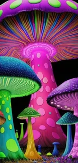 Vibrant neon mushrooms against a dark background, creating a stunning abstract art piece.