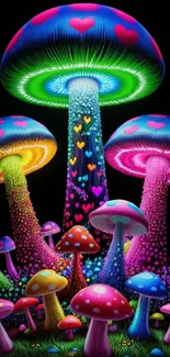 Colorful neon glowing mushrooms in a dark fantasy scene.