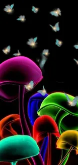 Vibrant neon mushrooms with glowing butterflies on black background.