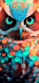 Neon owl with vibrant colors and glowing eyes in a digital art style.