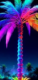Vibrant neon palm tree against a night sky.