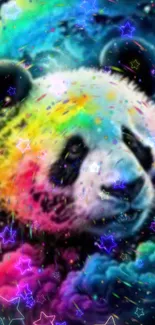 Colorful neon panda with vibrant stars in a lively wallpaper design.