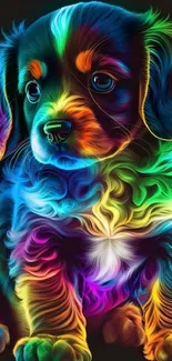 Colorful neon puppy art on black background.