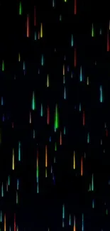 Mobile wallpaper with colorful neon raindrops on a black background.