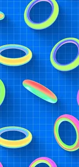 Colorful neon rings on a blue grid background.