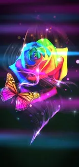 Neon wallpaper with a colorful rose and butterfly on a black background.