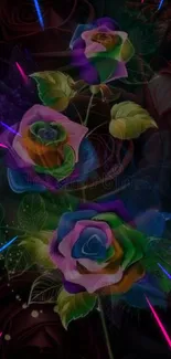 Colorful neon roses on a dark background with vibrant blue and pink highlights.