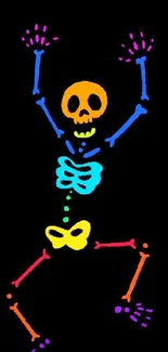 Colorful neon skeleton artwork on black background.