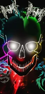 Vibrant neon skull with colorful fantasy designs and gothic elements.