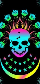 Vibrant neon skull with floral design on black background.