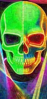 Colorful neon skull wallpaper with vibrant design and electric hues.