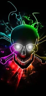 Neon skull with vibrant colors on black background wallpaper.