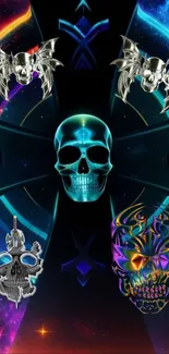 Colorful neon skulls with cosmic design wallpaper.