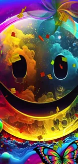 Vibrant neon smiley face with colorful cosmic background.