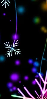 Colorful neon snowflakes on dark wallpaper background.