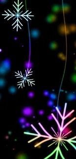 Vibrant neon snowflakes on a dark background.