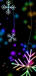 Colorful neon snowflakes on dark background mobile wallpaper.