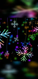 Vibrant neon snowflakes on a dark background, creating a festive mobile wallpaper.