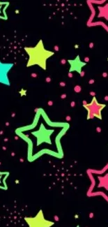 Bright neon stars on dark wallpaper.