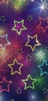 Vibrant neon stars wallpaper with dark blue background.