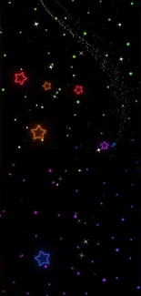 Vibrant neon starry mobile wallpaper with a colorful glowing border