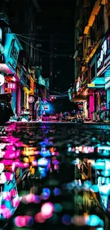 Vivid neon street reflection at night showcasing urban nightlife.