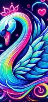 A colorful neon swan with rainbow feathers and vibrant heart details.